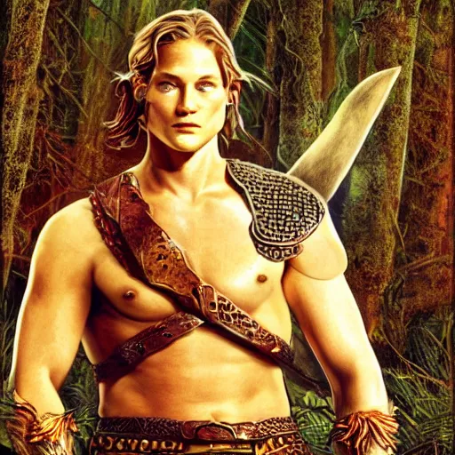 Image similar to a young travis fimmel as an elven warrior in chainmail, in the style of brom, keith parkinson, heroic, highly detailed, concept art, high key, ambient lighting, in a forest,