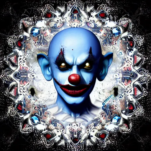 Prompt: 4K headshot of godlike clown with blue skin with defined arms and open hands and bloody clothes with giant mandala wings , white intricate scary clown makeup , flawless anime cel animation by Kentaro Miura, psychedelic , highly detailed upper body , professionally post-processed , beautiful, scary, symmetry accurate features, epic, octane rendered, anime masterpiece, accurate