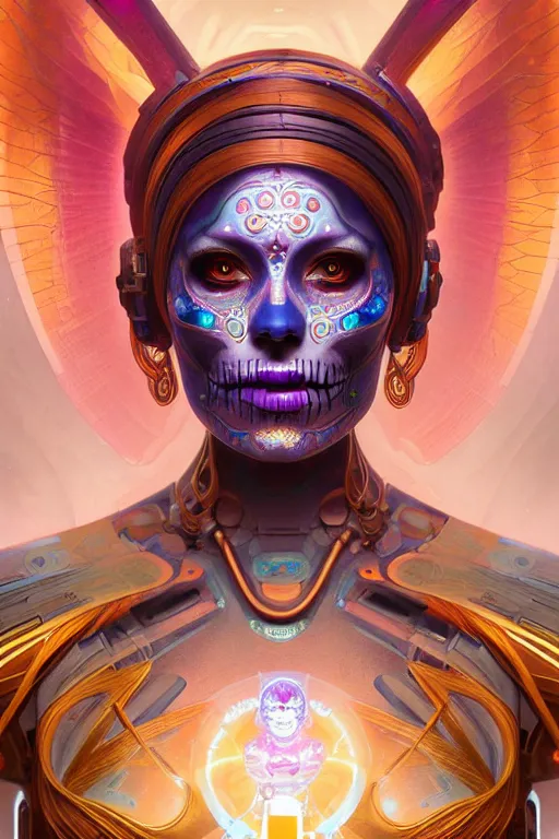 Image similar to ultra detailed female android deity, scifi, fantasy, octane render, dia de los muertos, asymmetrical intricate concept art, triadic color, art by artgerm and greg rutkowski and alphonse mucha, 8 k