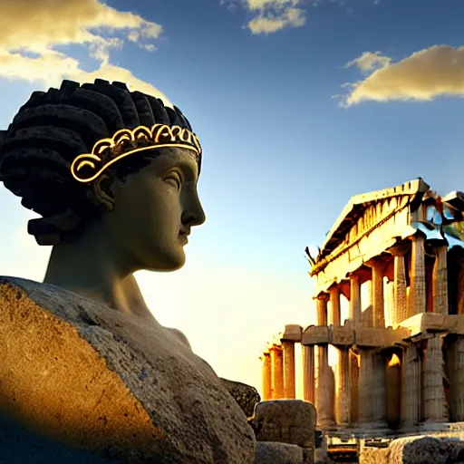 Prompt: greek ancient woman in Athena's helmet standing on a giant greek ancient bearded man head, late afternoon light, greek temple of olympus glory island, wispy clouds in a blue sky, by frank lloyd wright and greg rutkowski and ruan jia