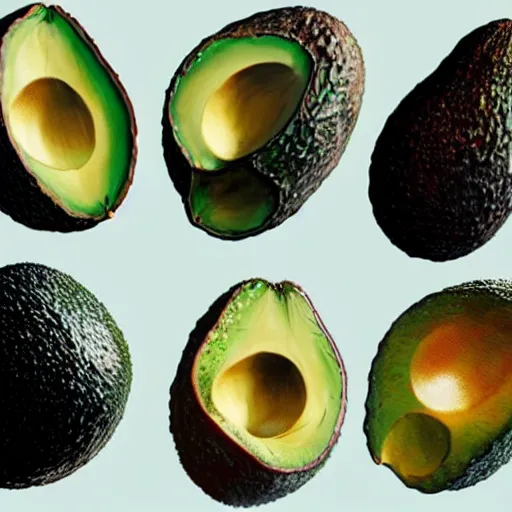 Image similar to four avocados lined up in a row, white background, dramatic lighting, illustration by greg rutkowski, yoji shinkawa, 4 k, digital art, concept art, trending on artstation
