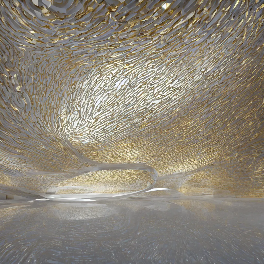 Image similar to an incredibly smooth curvilinear modern neo baroque interior architectural sculpture, a golden pool on the ground is envelope by folding white surfaces, blue light, visually satisfying architecture render