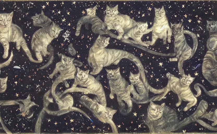 Prompt: Vrubel drawing of night sky full of cats and stars, dreamy