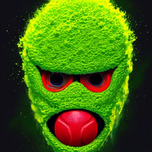 Image similar to a tennis ball monster with a tennis racquet, bust shot, balaclava, face covered, smooth, intricate, elegant, power aura, digital painting, artstation, concept art, sharp focus, illustration, art by basil gogos - h 6 4 0
