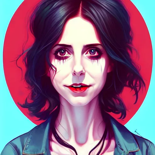 Image similar to loish, artgerm, Joshua Middleton art, pretty female Alison Brie serial killer holding bloody knife, blood on clothes and face, sarcastic smile, symmetrical eyes, symmetrical face, full body, jean jacket, jeans, short blonde hair, middle shot, night time, deep blacks