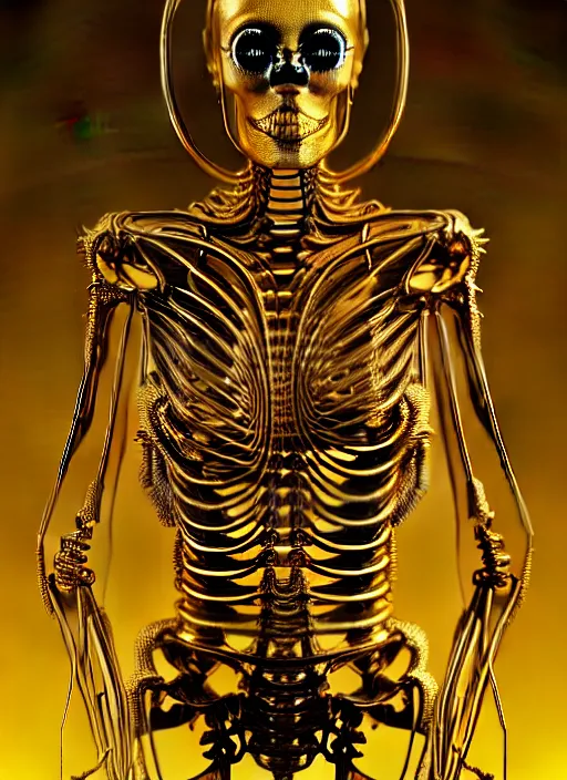 Image similar to portrait of an absurdly ugly, ungraceful, unsophisticated, unfashionable futuristic female golden skeleton with sections of skin showing, glowing internal light, hyperdetailed illustration by irakli nadar and alexandre ferra, intricate linework, faberge, intricate gold linework, dark atmosphere, unreal engine 5 highly rendered, global illumination, radiant light, detailed and intricate environment