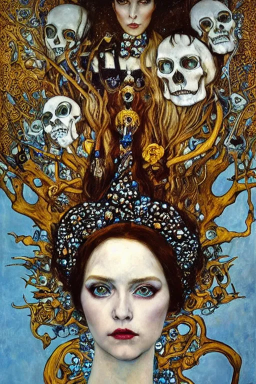 Image similar to The Queen of Bones by Karol Bak, Jean Deville, Gustav Klimt, and Vincent Van Gogh, portrait of a porcelain princess wearing a crown, beautiful porcelain doll face, pale blue eyes, mystic eye, otherworldly, crown made of bones, ornate jeweled crown, skulls, fractal structures, arcane, inscribed runes, infernal relics, ornate gilded medieval icon, third eye, spirals, rich deep moody colors