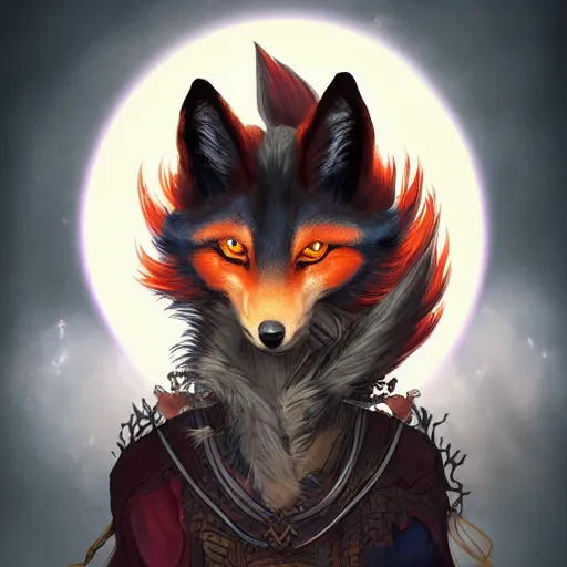 Image similar to a painted avatar portrait of an awesome powerful humanoid kitsune fox mage themed around life and death, in the style of dnd beyond avatar portraits, beautiful, artistic, elegant, lens flare, magical, lens flare, nature, realism, stylized