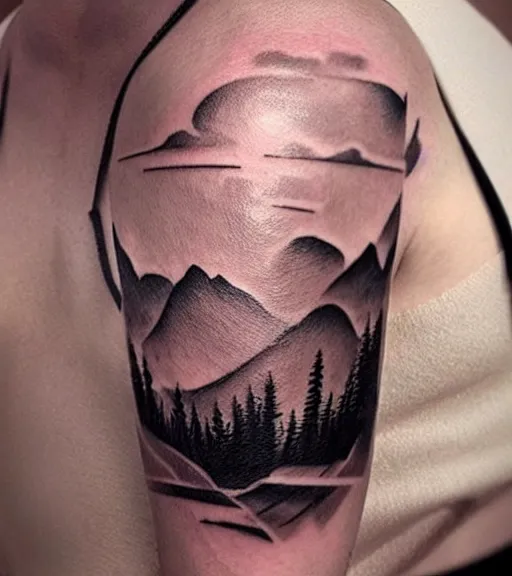 Image similar to creative double exposure effect tattoo design sketch of margot and beautiful mountains and nature, mountain scenery, realism tattoo, in the style of matteo pasqualin, amazing detail, sharp