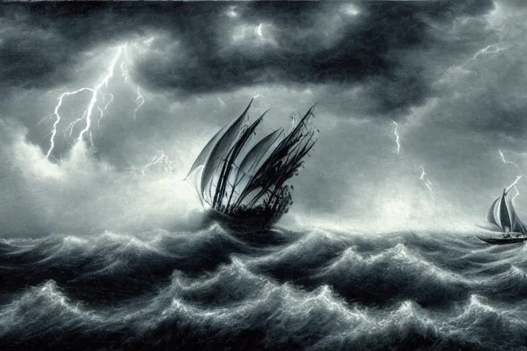 Image similar to giant kraken swallowing a sail boat, storm, lightning, rain, fantasy, horror
