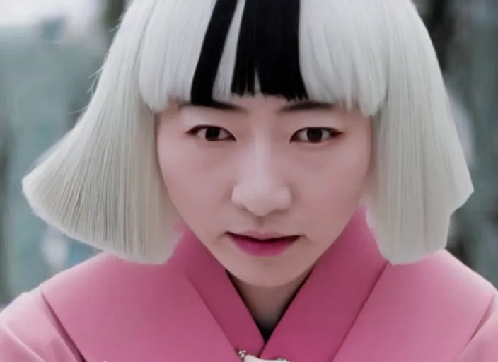 Prompt: a film still of a japanese princess young lady, with white hair and bangs!!!! in the grand budapest hotel ( 2 0 1 4 )