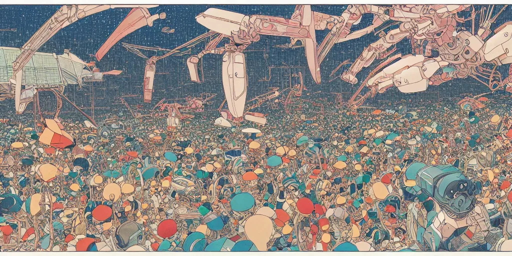 Prompt: gigantic dragonflies, tiny robots, a lot of exotic mecha robots around, human heads everywhere, risograph by kawase hasui, satoshi kon and moebius, 2 d gouache illustration, omnious, intricate, a lot of tiny details, a lot of swimming pools and ice, fullshot