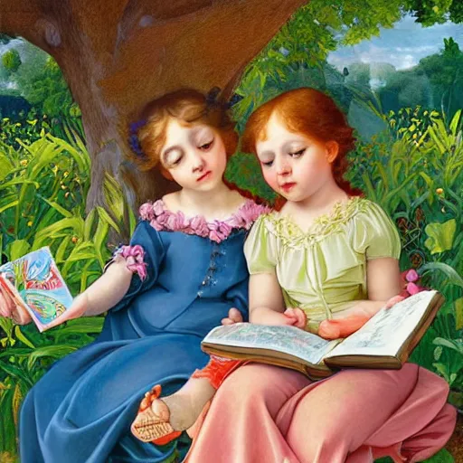 Prompt: hyperdetailed illustrated photorealistic portrait of two beautiful happy children reading an interesting book in summer, under a big tree. toys nearby. art nouveau rococo baroque in the style of caravaggio. maximalist unexpected elements hd 8 x matte background in vibrant vivid pastel colour textures. amazing