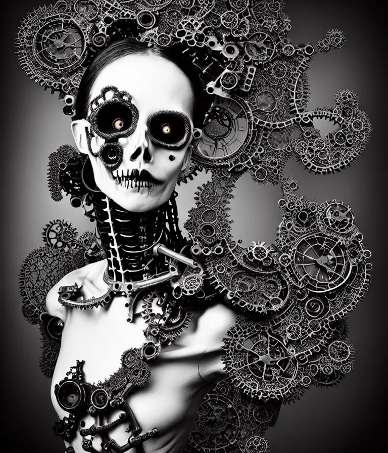 Image similar to surreal black and white photo portrait of complex bio-mechanical beautiful young female undead skeletal cyborg with a Mandelbrot fractal steampunk metal fine lace face, retrofuturistic depressing hopeless horrific vibe, radiating dark energy aura, curled silver hair and a fine metal floral foliage super big lace collar by Alexander McQueen:: high fashion, haute couture, rococo, steampunk, silver filigree details, anatomical, facial muscles, cable wires, microchip, elegant, hyper realistic, 150 mm lens, soft rim light, octane render, unreal engine, volumetric lighting, 8k,