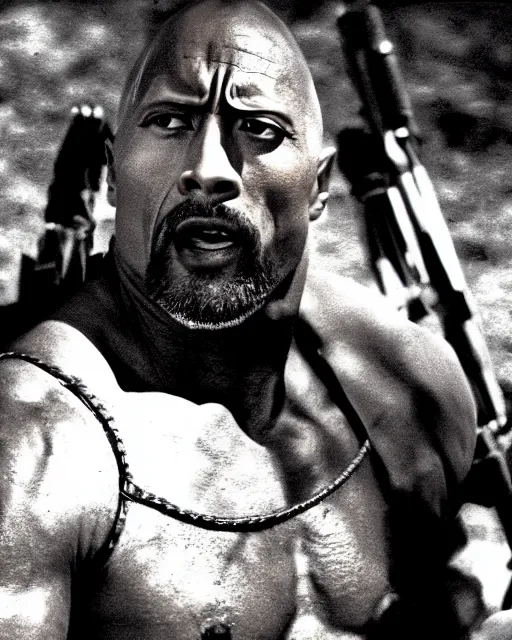 Image similar to film still close up shot of dwayne johnson in the movie mad max 2 the road warrior. photographic, photography