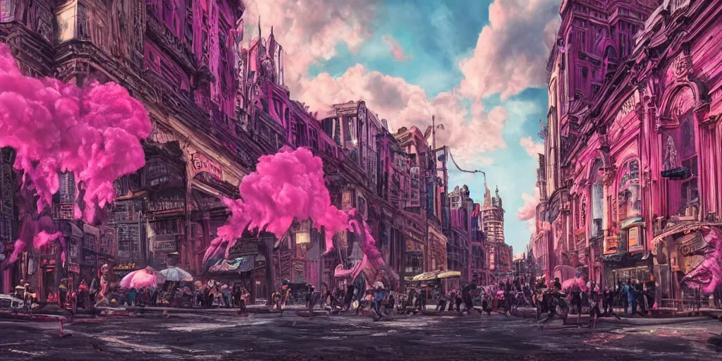 Prompt: oil painting, a lot of punks, pink, cool punk close - up, rich deep colors masterpiece, make a stunningly detailed art, neon, ultra detailed, contrast, heaven pink, lots of roman arches, punk rock with mohawks, clouds, sky, volumetric light, atmospheric lighting, dramatic, highly detailed, cinematic, moody, octane render 4 k, 8 k