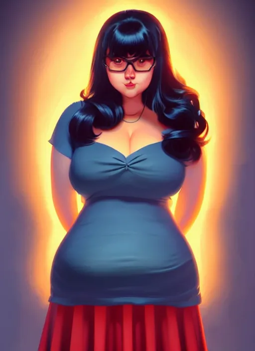 Image similar to full body portrait of teenage veronica lodge, obese, bangs, sultry, realistic, sultry smirk, wavy hair, red skirt, fat, belly, intricate, elegant, glowing lights, highly detailed, digital painting, artstation, concept art, smooth, sharp focus, illustration, art by wlop, mars ravelo and greg rutkowski