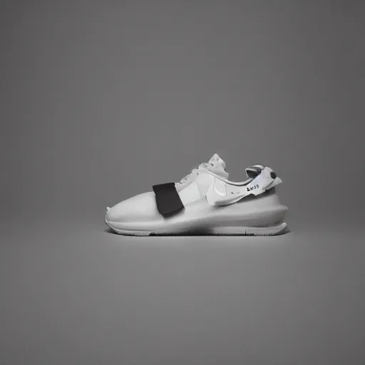 Image similar to a studio photoshoot of A technical Nike running sneaker designed by Virgil Abloh, mesh fabrics, Off-White, realistic, color film photography by Tlyer Mitchell, 35 mm, graflex