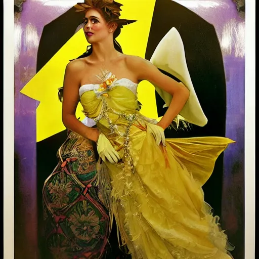 Image similar to elegant woman dressed up as pikachu art photo by Annie Liebovitz and Alphonse Mucha