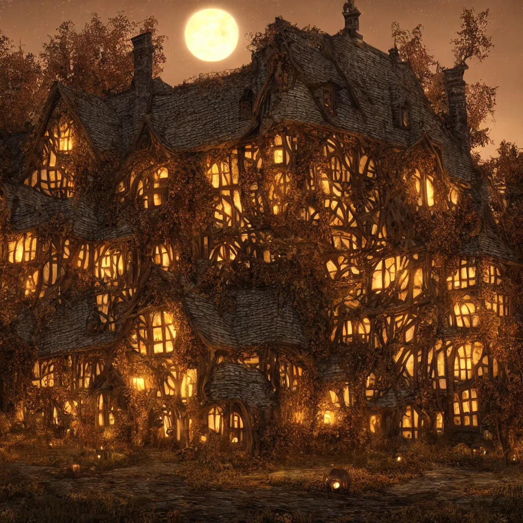 Prompt: a highly detailed old haunted english tudor cottage in a pumpkin patch at night, volumetric haze, fall colors, dead tree forest, pumpkins, moon, photorealistic, insanely detailed and intricate, epic scene, hyper realistic, elegant, ornate, elite, horror, creepy, ominous, haunting, cinematic lighting, unreal engine, 4k, 8k, cinematic camera