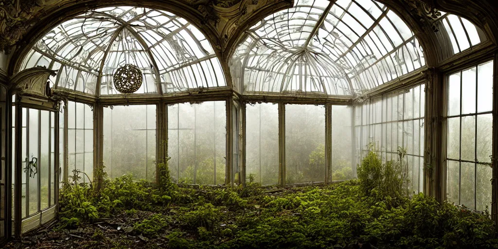 Prompt: long shot of a big sun of an abandoned baroque interior of a glass conservatory, over grown botanical garden, atmospheric, misty, style of michael schwan, saatchi art, sharp, intricate detail,