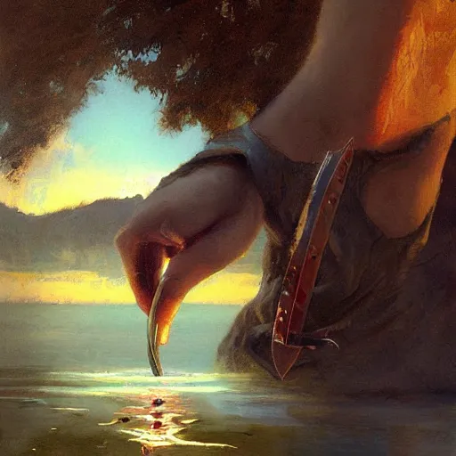 Image similar to a beautiful painting of a hand appearing from a lake holding a sword by james gurney, craig mullins