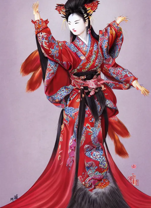 Image similar to full body portrait of a female kitsune peking opera actress with nine fluffy tails by wlop, wuxia, xianxia, kitsune, fox tails, nine - tailed fox, peking opera, lithe, absurdly beautiful, detailed, realistic, anatomically accurate, fantasy illustration, artstation, wlop, 4 k.