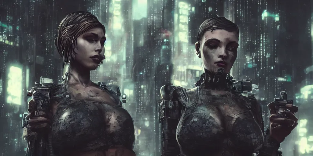 Prompt: closeup of beautiful guard with short hair hiding her chest with her arms, dystopian cyberpunk smoke detailed