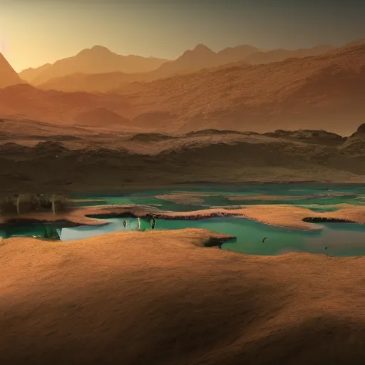 Image similar to photo of life on mars, thriving ecosystem, bright fauna, volumetric light, ponds, mountains, high detail, mountains, geoformations, sunlight