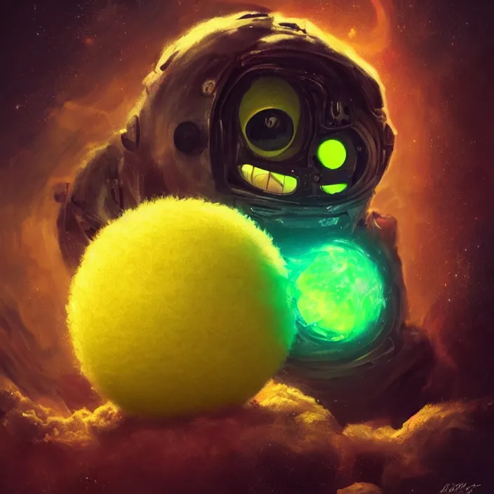 Image similar to cinematic portrait of a cute tennis ball monster in the abyss of space, chalk, masterpiece, trending on artstation, featured on pixiv, cinematic composition, dramatic pose, beautiful lighting, sharp details, hyper-detailed, HD, HDR, 4K, 8K, art by Basil Gogos