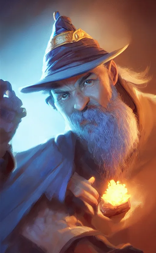 Image similar to alexis ohanian as a wizard, blue wizard hat, concept art, detailed face, fantasy, highly detailed, hearthstone, cinematic lighting, digital art painting by greg rutkowski