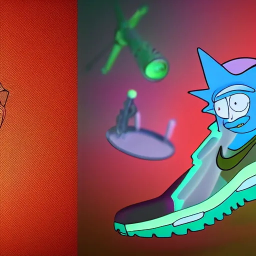 Image similar to new future Nike sneakers inspired by Rick And Morty, photography studio, 3D rendering, ultrarealistic, hyperdetalied,