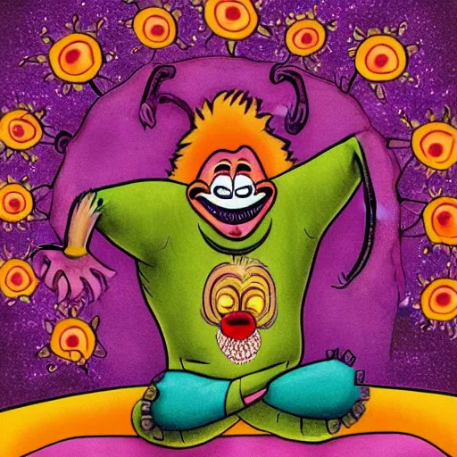 Prompt: a Bigfoot clown leads a yoga class. Award winning illustration art in the style of Alex Grey