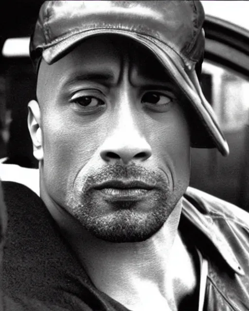 Prompt: film still close - up shot of dwayne johnson as a new york city cab driver from the movie taxi driver. photographic, photography