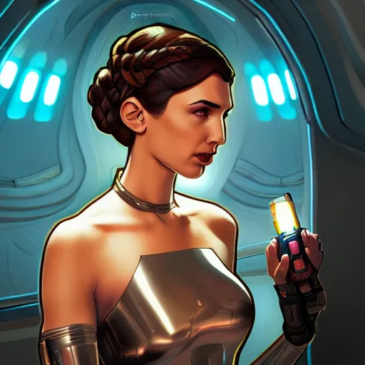 Image similar to Gal Gadot as Princess Leia, ambient lighting, 4k, alphonse mucha, lois van baarle, ilya kuvshinov, rossdraws, artstation