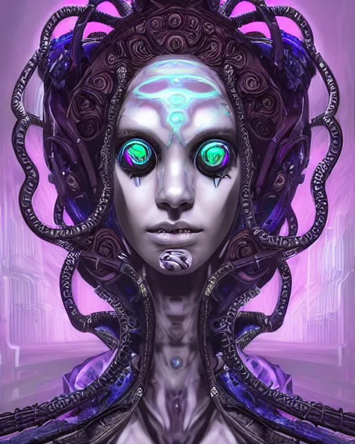 Image similar to Perfectly-centered Hyperdetailed Hyper realistic symmetrical cinematic RPG portrait-illustration of a beautiful aetherpunk cyberpunk Medusa with glowing eyes in a black otherworldly dress and long ravepunk snakes for hair. She's near lovecraftian towers in a surreal landscape, style of epic sci-fi comic-book cover, 3D rim light, octane, dark retrowave, artstation, cgsociety, fantasy digital art, smooth, sharp focus