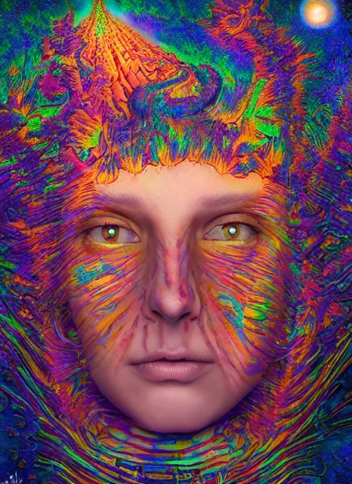 Image similar to portrait ultra dimensional cult girl shaman, accidentally tripping on dmt salvia, psychedelic experience, overwhelming psychosis of self realization and burning awakening, ultra high definition, unreal engine 5, hyperrealism, masterpiece composition, by peter kemp, casey weldon, barclay shaw