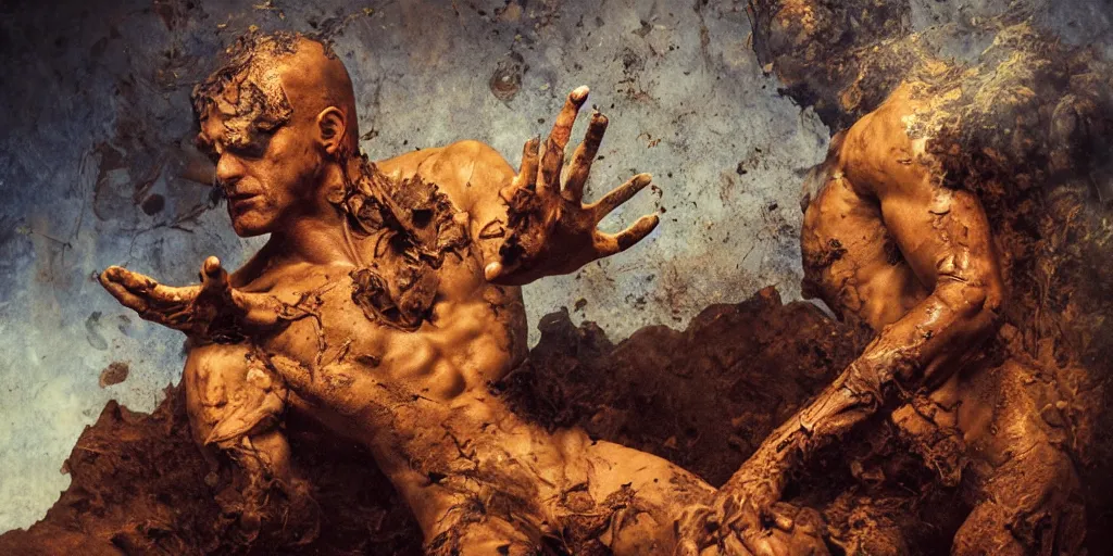 Prompt: highly detailed photography of a men made of rust clay and fire, rocks, hand gesture, sharp focus, dust particles, dirt, dramatic scene, aesthetic, wood, dynamic lighting, elegant, harmony, masterpiece, by roberto ferri, blue background, high quality, spatula
