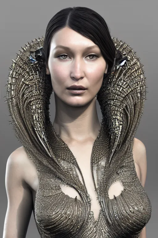 Image similar to a highly detailed metahuman 3 d render of an alien goddess bella hadid in iris van herpen dress schiaparelli in diamonds and jewelry in style of alphonse mucha trending on artstation made in unreal engine 4