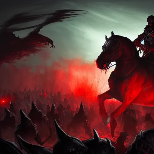 Image similar to a dark hooded general with glowing red eyes rides his horse above an army of zombies and ghouls, dark, D&D, Fantasy, MTG, heroic, Artstation, silhouette