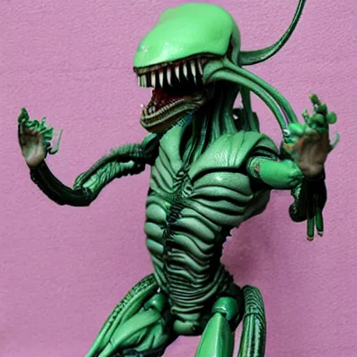 Prompt: cute!!!!! xenomorph action figure, pastel colors, home display, high quality photo