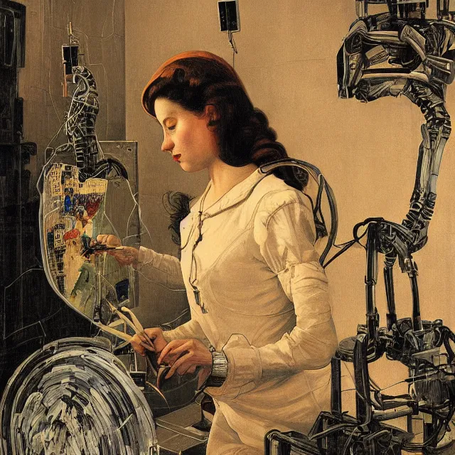 Image similar to robot artist painting a self - portrait on a canvas. intricate, highly detailed, digital matte painting, in the style of alexandros pyromallis, and in the style of boris groh, and in the style of hans thoma, and in the style of gil elvgren. irony, recursion, inspiration.