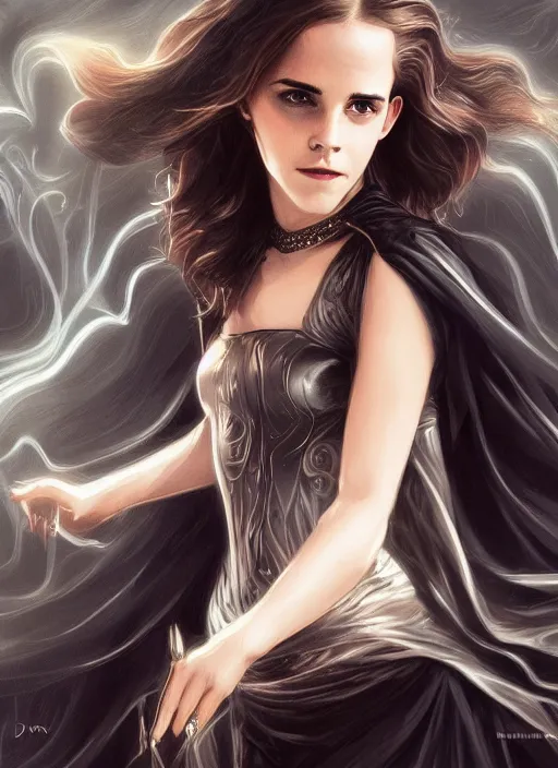 Prompt: emma watson as dark magic celestial, long hair, black and transparent cloth, space, D&D, shiny background, intricate, elegant, highly detailed, digital painting, artstation, concept art, smooth, sharp focus, illustration, artgerm, bouguereau