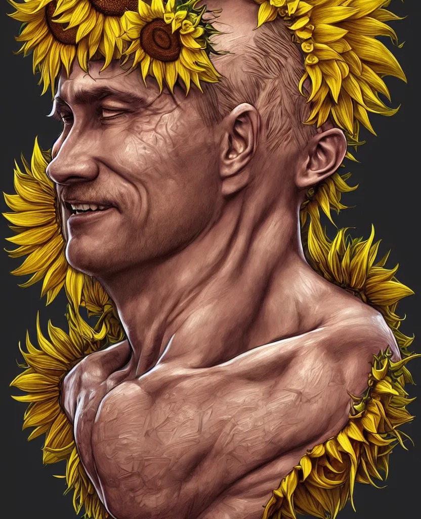 Image similar to digital art, centered full body of Putin smiling king, Sunflower crown, ,intricate, veins, by James Jean and by artgerm , by ross tran ultradetailed, charachter design, concept art, trending on artstation,