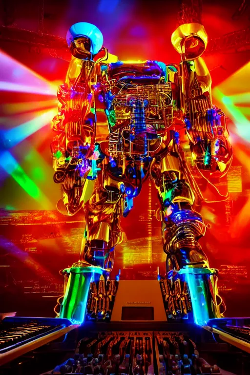 Image similar to portrait photo of a giant huge golden and blue metal humanoid steampunk robot keyboarder with multicolored big gears and tubes, a red piano, eyes are glowing red lightbulbs, shiny crisp finish, 3 d render, 8 k, insaneley detailed, fluorescent colors, background is multicolored lasershow