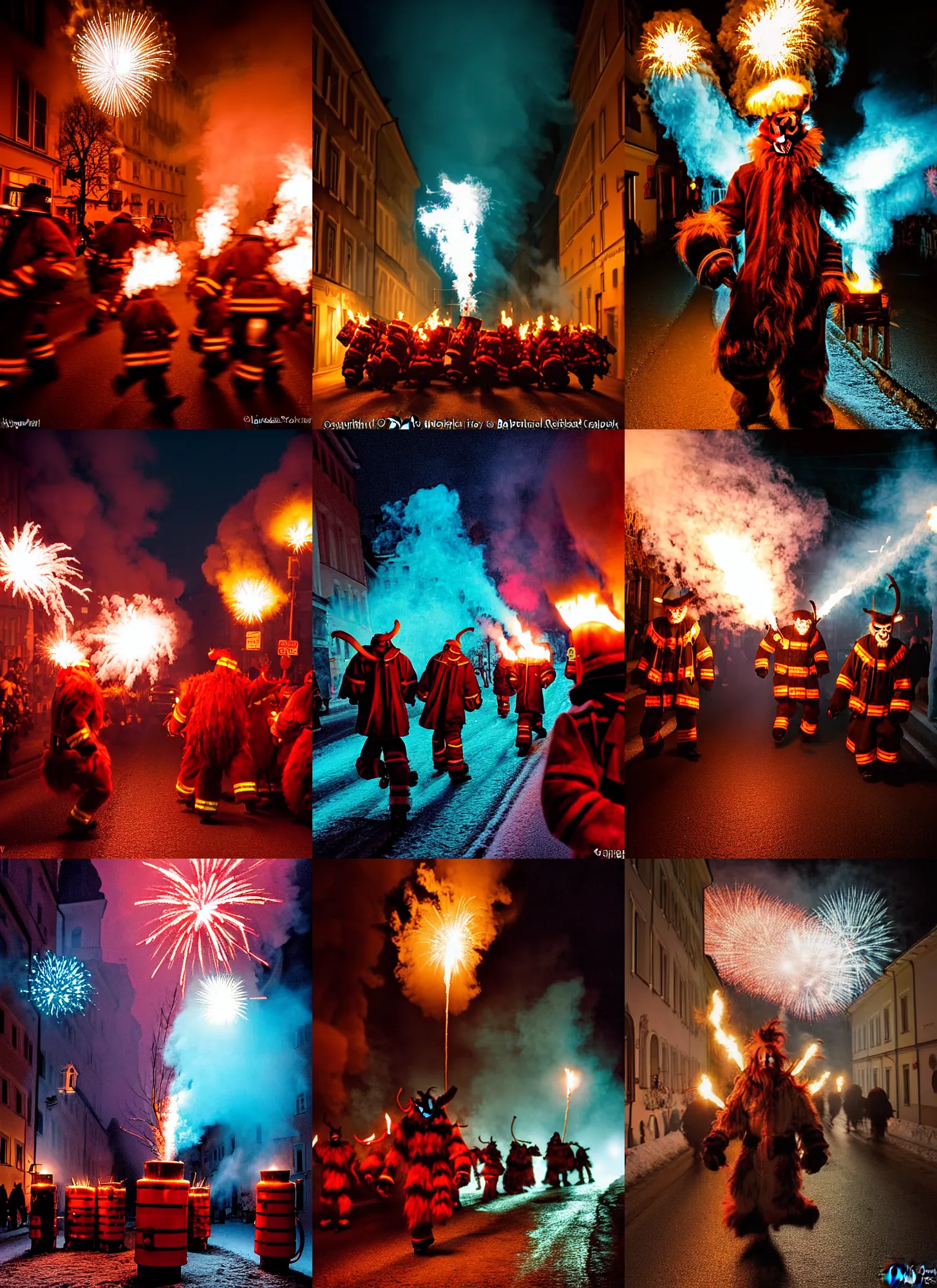 Prompt: kodak portra 4 0 0, winter, hellfire, award winning dynamic photograph of a bunch of hazardous krampus between fire barrels by robert capas, motion blur, in a narrow lane in salzburg at night with colourful pyro fireworks and torches, teal lights