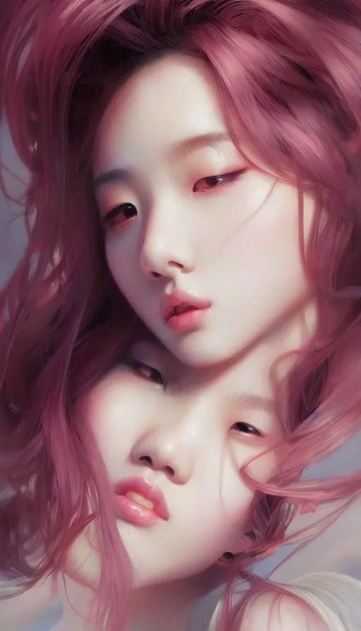 Image similar to portrait of kpop idol, dreamy and ethereal, expressive pose, fierce expression, intricate, rose tones, highly detailed, digital painting, artstation, concept art, smooth, sharp focus, illustration, art by artgerm and greg rutkowski and alphonse mucha