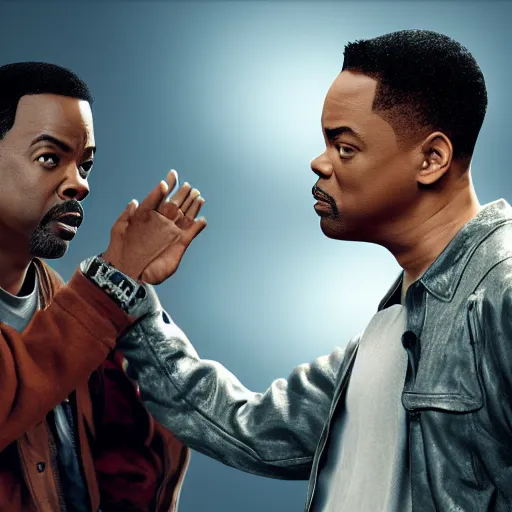 Image similar to chris rock is physically slapping will smith on his face, shadow harsh lights, dramatic scene, hyper detailed, digital art, trending in artstation, cinematic lighting, studio quality, smooth render, unreal engine 5 rendered, octane rendered, ligh rim