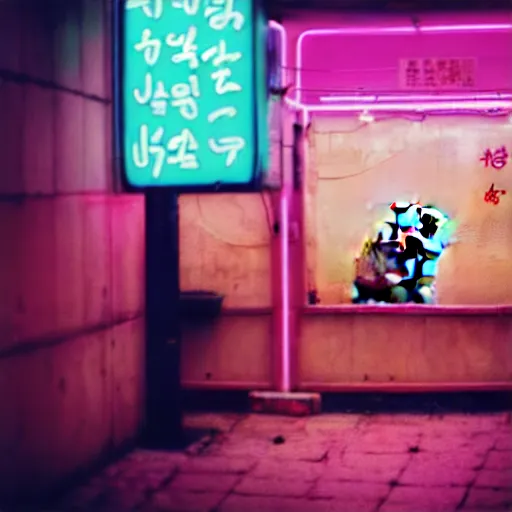 Image similar to capybara drinking bubble tea in cyberpunk, neon, pink and cyan seoul, detailed, street photography