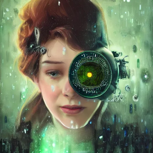 Image similar to close up portrait of a young female as sherlock Holmes with straight hair has an epic idea, pixar style, stylized face, intricate detail, digital painting, gears, watches, steampunk, glowing eye, biomechanical, trash polka, raining, faded green, particles floating, industrial background by marc simonetti + wlop, artwork by ross tran + ramond swanland + liam wong +mike winklemann + wlop